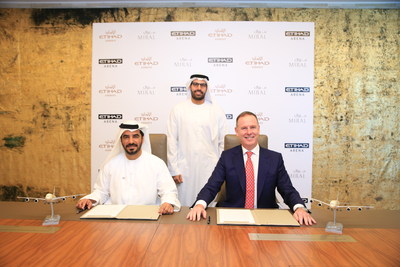 Miral and Etihad sign agreement to name Etihad Arena, the new entertainment venue on Yas Island. (L to R): Mohamed Abdalla Al Zaabi, Chief Executive Officer of Miral, HE Mohamed Khalifa Al Mubarak, Chairman of the Department of Tourism and Culture, and Tony Douglas, Group Chief Executive Officer of Etihad Aviation Group.