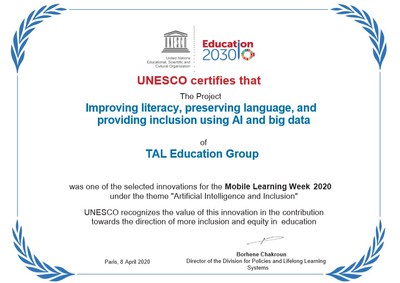 UNESCO certificate presented to TAL Education Group