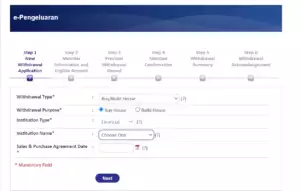 The EPF withdrawal page on the website for homebuyers to apply the housing loan to reduce the price of the property 